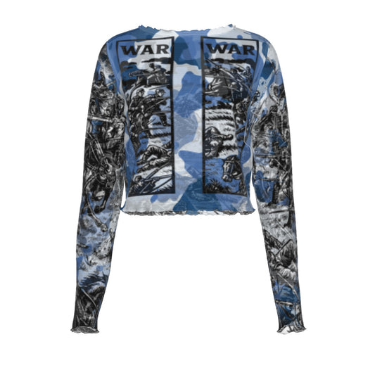 Long-sleeve shirt with camouflage pattern and 'WAR' text on a white background